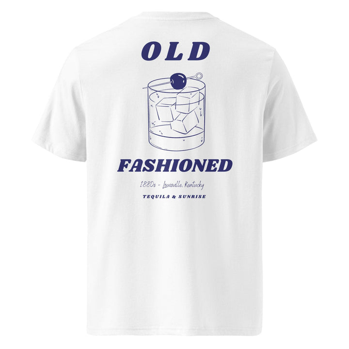 The Old Fashioned Organic T-shirt by Tequila & Sunrise is an eco-friendly graphic tee crafted from organic cotton. It showcases a design of an Old Fashioned cocktail on the back, complete with ice cubes and a cherry, along with the text "Old Fashioned" and "1880s - Louisville, Kentucky.