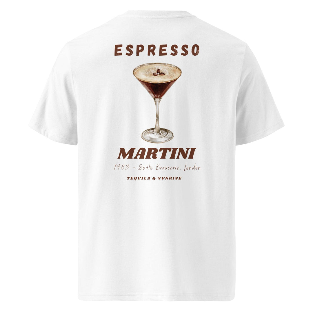 Introducing "The Espresso Martini Organic T-shirt" from Tequila & Sunrise, this eco-friendly white tee showcases an image of an Espresso Martini glass. The inscription above says "ESPRESSO," below reads "MARTINI 1983 - Soho Brasserie, London," all elegantly printed on soft organic cotton.