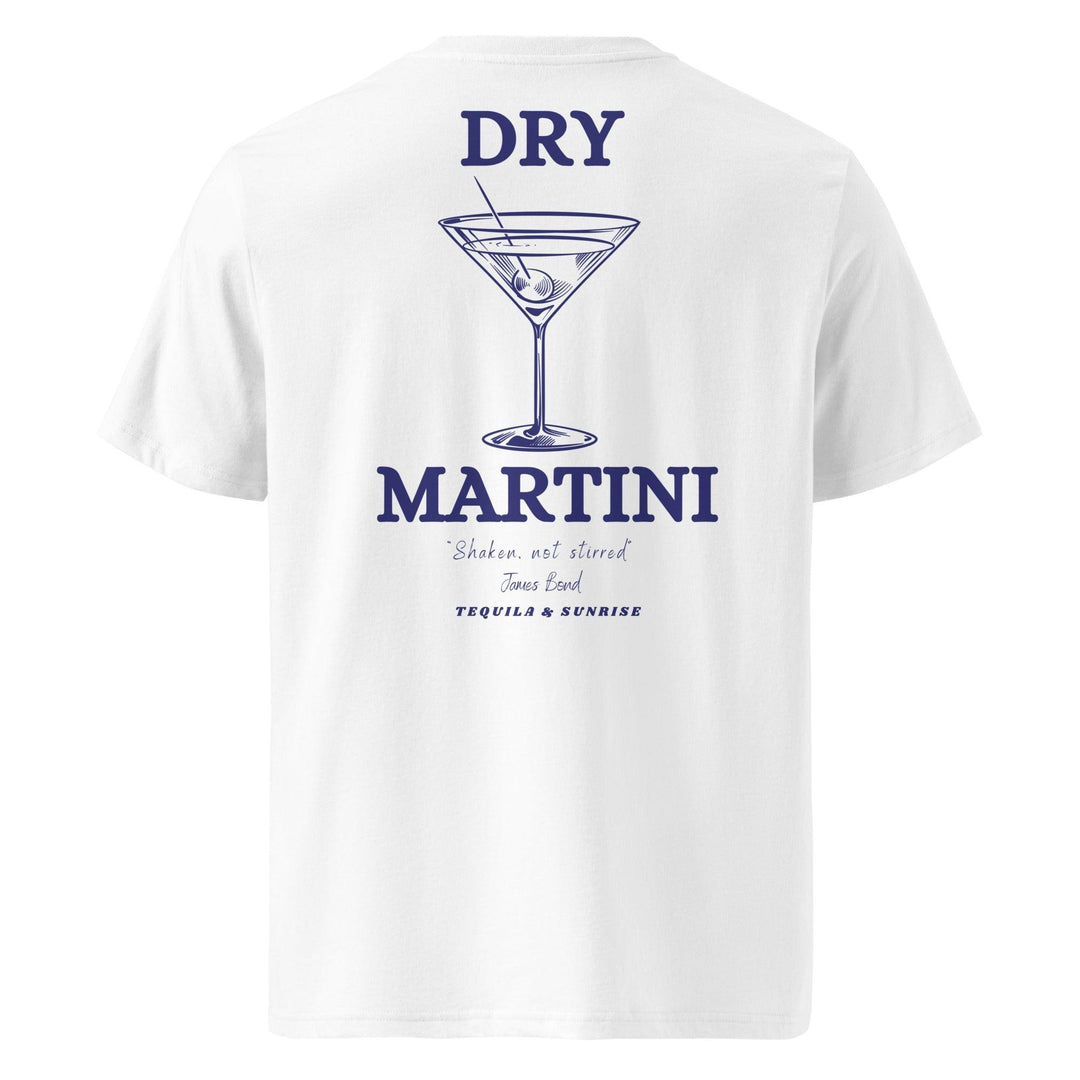 The Tequila & Sunrise "The Dry Martini James Bond Quote" Organic T-shirt features a graphic of a martini glass and the iconic text "DRY MARTINI, Shaken, not stirred." Perfect for fans of eco-friendly apparel, it offers a stylish twist.