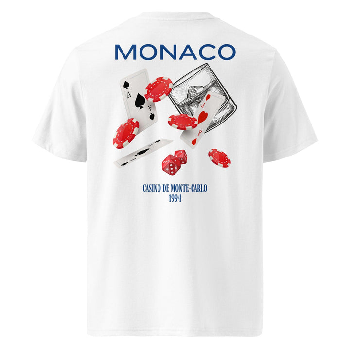 The Tequila & Sunrise "Monaco Casino de Monte-Carlo Organic T-shirt" is a unisex piece made from soft organic cotton. It showcases the MONACO text, playing cards, red poker chips, dice, cash, and the iconic CASINO DE MONTE-CARLO 1994 design on the back, serving as an eco-friendly homage to classic casino style.