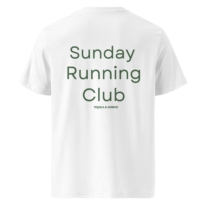 Introducing the Sunday Running Club Organic T-shirt by Tequila & Sunrise: a comfortable and sustainable white T-shirt made from organic cotton, featuring bold green "Sunday Running Club" lettering on the back.