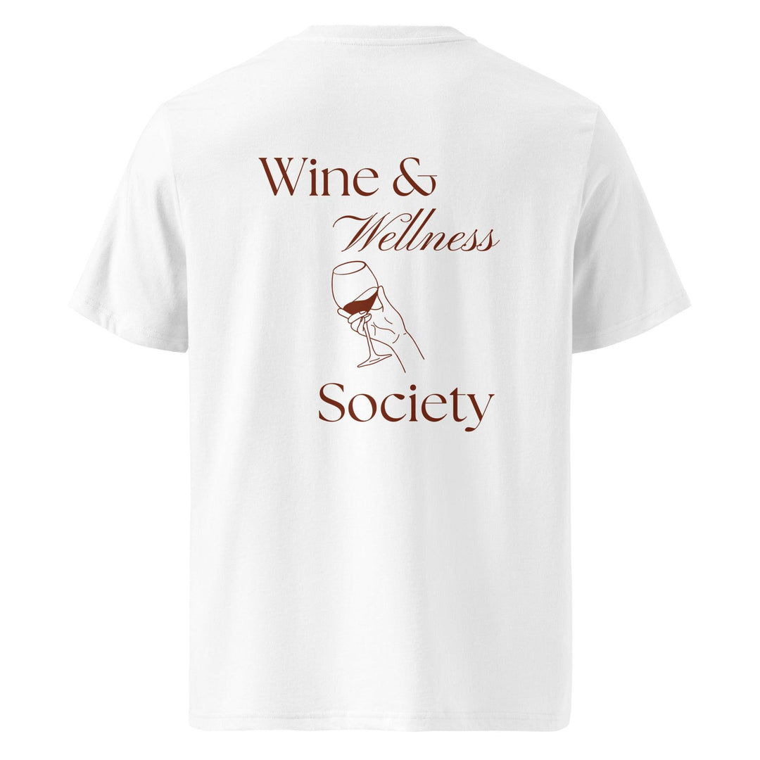 The Wine & Wellness Society Organic T-shirt by Tequila & Sunrise seamlessly combines style and comfort, featuring the "Wine & Wellness Society" text and a graphic of a hand holding a wine glass on the back. Made from organic cotton, it is ideal wellness apparel for individuals who value relaxation and sustainability.