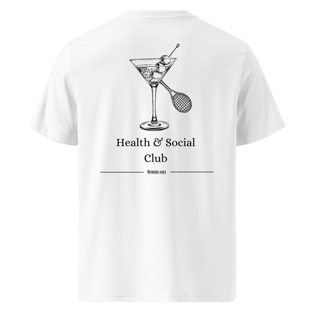 Tequila & Sunrise presents the Health & Social Club Organic T-shirt, a white sustainable fashion piece made from organic cotton, showcasing a graphic of a martini glass and tennis racquet with the text "Health & Social Club" and "Members Only," ideal for eco-conscious individuals.