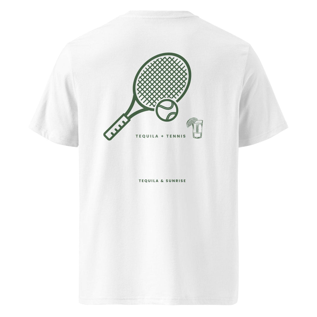 Introducing "The Tequila & Tennis Organic T-shirt" by Tequila & Sunrise, a unisex white tee adorned with a fun green tennis racket, ball, and shot glass design. Made from organic cotton, this eco-friendly t-shirt combines style and sustainability with the slogans "Tequila + Tennis" and "Tequila & Sunrise.