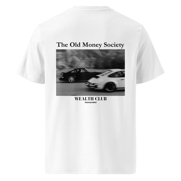 This eco-friendly white t-shirt, named The Old Money Society Organic T-shirt by Tequila & Sunrise, is crafted from organic cotton and features a black and white image of two cars in motion. With "The Old Money Society" at the top and "Wealth Club" beneath, it elegantly merges style with sustainable comfort.