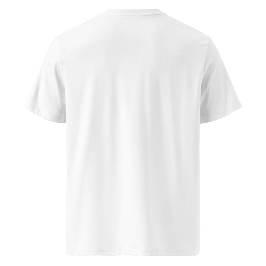 The Il Dolce Far Niente Organic T-shirt by Tequila & Sunrise, seen from the back, is crafted from organic cotton and showcases a classic crew neck with short sleeves in a plain white design.