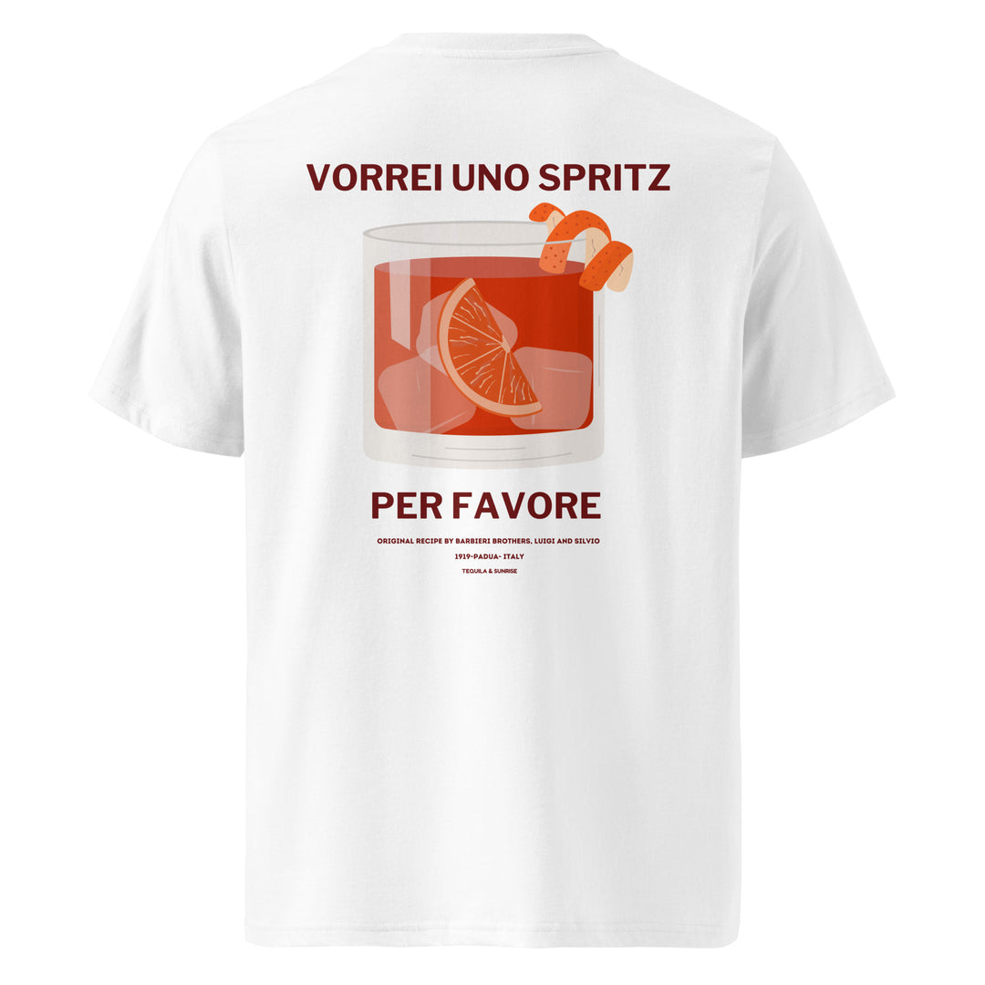 Introducing "The Uno Spritz Per Favore Organic Cotton T-shirt" by Tequila & Sunrise, combining style with sustainable fashion. This white tee features a vivid illustration of a spritz cocktail accented with orange slices and peel, along with the playful text "VORREI UNO SPRITZ PER FAVORE," perfectly encapsulating your love for refreshing moments.