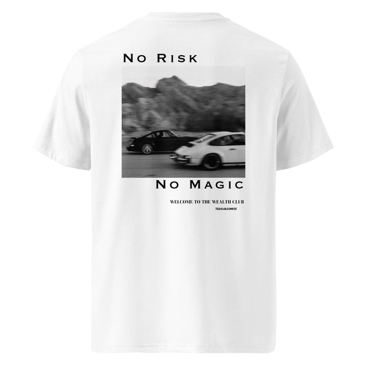 Introducing "The No Risk No Magic Organic T-shirt" from Tequila & Sunrise – a unisex fashion piece crafted from organic cotton. This stylish t-shirt showcases the inspiring text "No Risk No Magic" alongside a striking black-and-white image of cars on a road against hills, making it the perfect eco-friendly addition to your wardrobe.