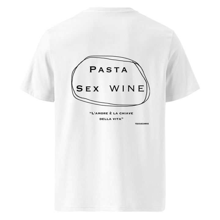 Introducing the Tequila & Sunrise "The Pasta & Sex & Wine Organic T-shirt" – a white organic cotton tee adorned with the words PASTA SEX WINE inside an oval, and beautifully complemented by LAMORE È LA CHIAVE DELLA VITA beneath. This eco-conscious fashion piece is ideal for those who value the fusion of style and sustainability.