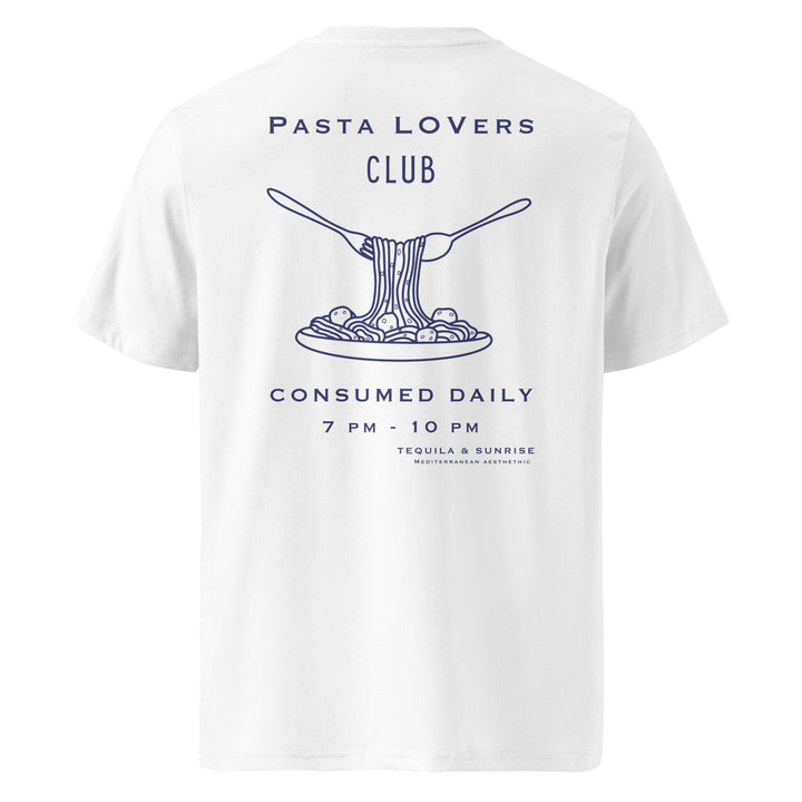 The Pasta Lovers Club Organic T-shirt by Tequila & Sunrise is crafted from organic ring-spun cotton and showcases a design with pasta on forks alongside the text: Consumed Daily, 7 PM - 10 PM. Enjoy eco-friendly comfort for your daily indulgence at the Tequila & Sunrise Mediterranean Joint.