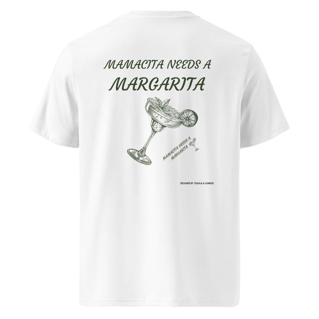 The Mamacita Needs a Margarita Organic T-shirt by Tequila & Sunrise is a white organic cotton piece featuring the playful green text "Mamacita Needs a Margarita" alongside an illustration of a margarita glass with a lime. This eco-friendly unisex apparel adds versatility and a fun touch to any wardrobe.