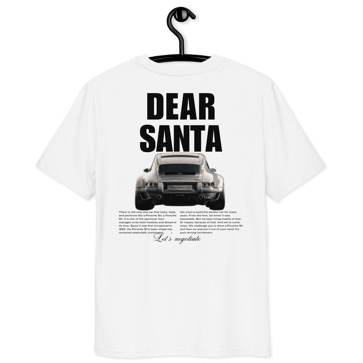 Tequila & Sunrise presents The Dear Santa Organic T-shirt, a unisex garment made from organic cotton. It features a car image along with the playful message "Dear Santa, Let's negotiate." This eco-friendly piece offers a stylish way to express its fun design.