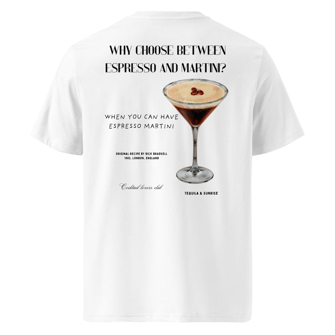 Introducing "The Espresso Martini Organic T-shirt" by Tequila & Sunrise. This eco-friendly white t-shirt, made from organic cotton, showcases a unique depiction of an espresso martini. The text poses the delightful question: "Why choose between espresso and martini? When you can have espresso martini." Featuring the original recipe by Dick Bradsell from 1983 in London, England, this garment perfectly blends sustainable fashion with a classic twist.