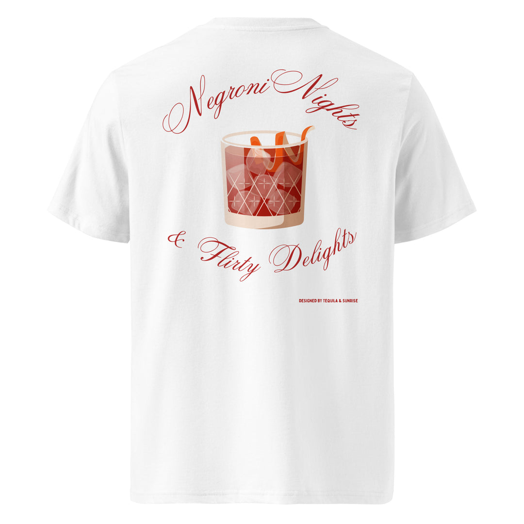 The Tequila & Sunrise Negroni Nights & Flirty Delights Organic T-shirt is a unisex white tee crafted from eco-friendly organic cotton, showcasing a vibrant illustration of a Negroni cocktail along with the text: Negroni Nights & Flirty Delights.