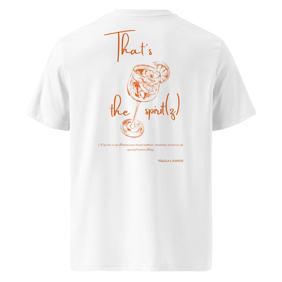 Introducing the eco-friendly "That's the Spirit(z)" Organic T-shirt by Tequila & Sunrise! Crafted from organic cotton, this unisex tee showcases vibrant orange text and graphics with a whimsical cocktail illustration. It's the perfect addition to any wardrobe for those who embrace playful vibes!