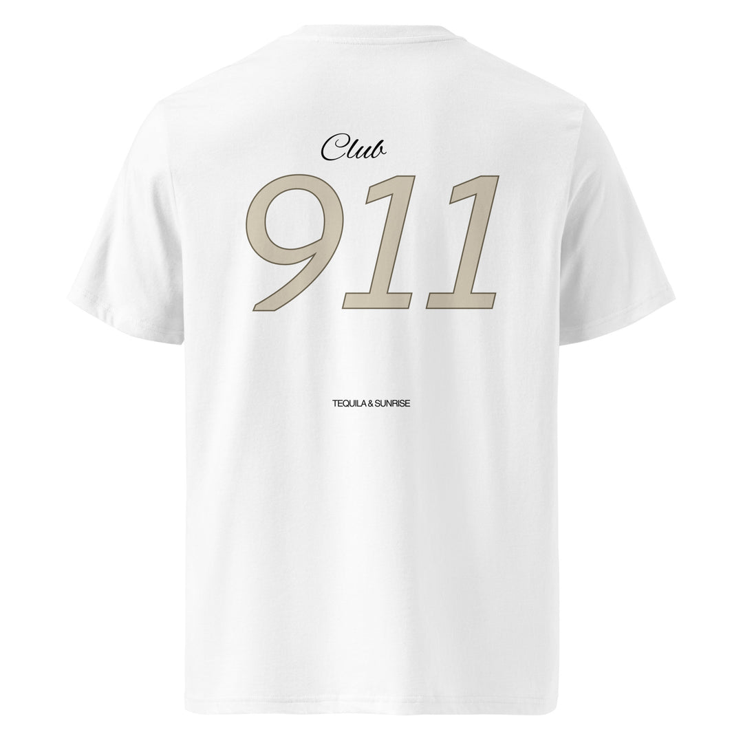 The Porsche Club 911 Organic T-shirt from Tequila & Sunrise is an eco-friendly white t-shirt that showcases "Club 911" in bold beige lettering, with "TEQUILA & SUNRISE" elegantly displayed below in smaller black text. Made from organic cotton, it's a fashionable option for Porsche enthusiasts and environmentally conscious individuals.