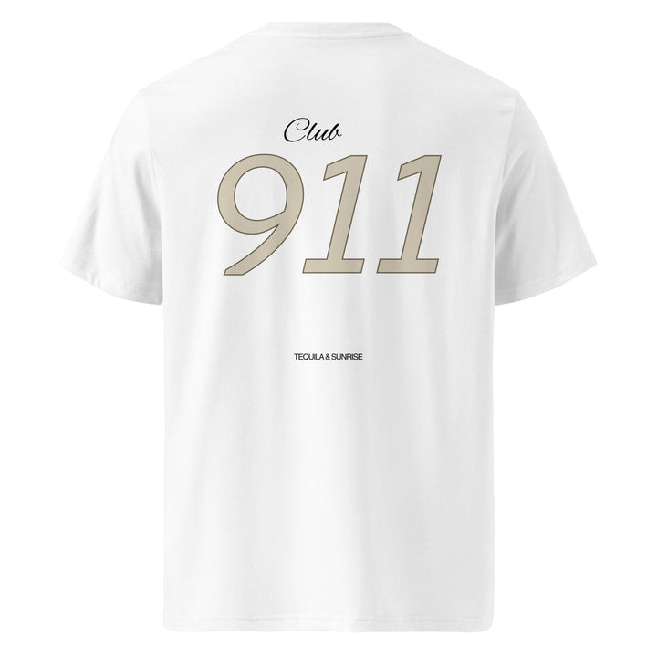 The Porsche Club 911 Organic T-shirt from Tequila & Sunrise is an eco-friendly white t-shirt that showcases "Club 911" in bold beige lettering, with "TEQUILA & SUNRISE" elegantly displayed below in smaller black text. Made from organic cotton, it's a fashionable option for Porsche enthusiasts and environmentally conscious individuals.