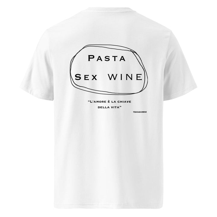 Pasta & Sex & Wine Organic T-shirt featuring a minimalist design on a white background.