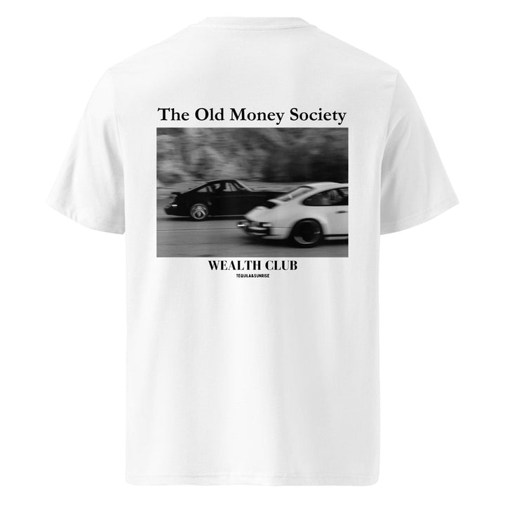 Old Money Society Organic T-shirt featuring vintage cars in black and white design on the back.