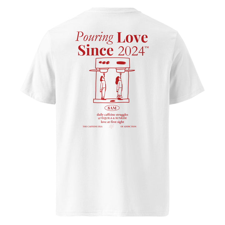 Daily Caffeine Struggles Organic T-shirt featuring a coffee machine graphic on a white unisex tee.