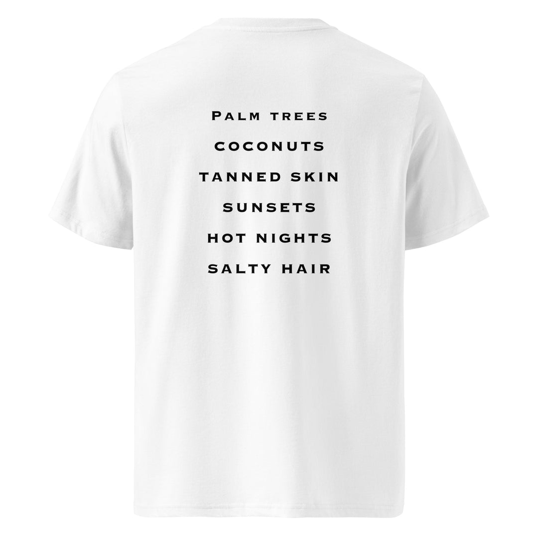 Summer Nights Organic T-shirt featuring a white back print with palm trees, coconuts, tanned skin, sunsets, hot nights, salty hair.