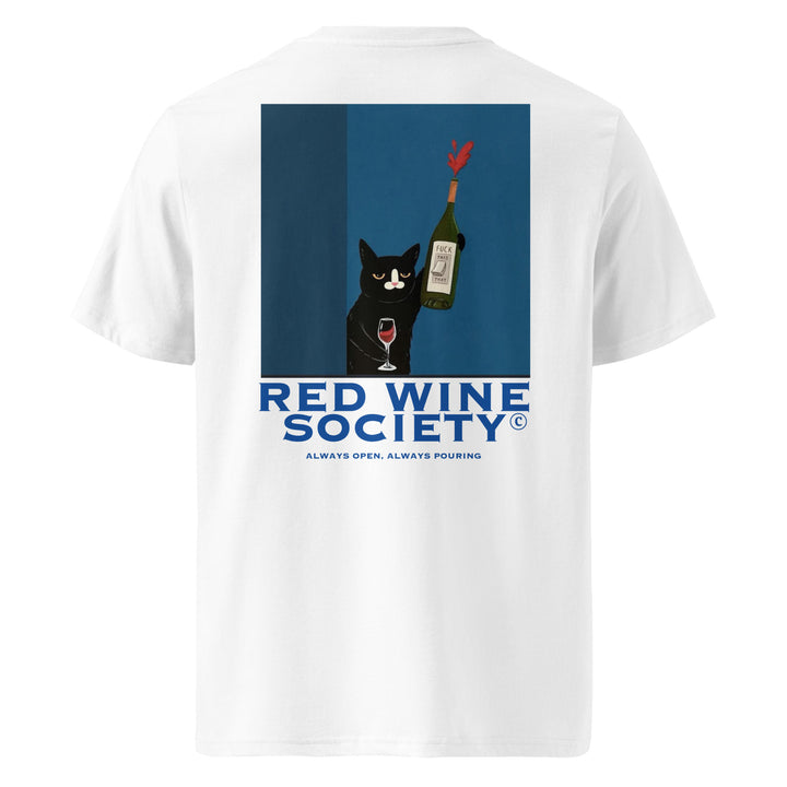 Back view of the Red Wine Society Organic T-shirt featuring a cat holding a wine bottle and glass.