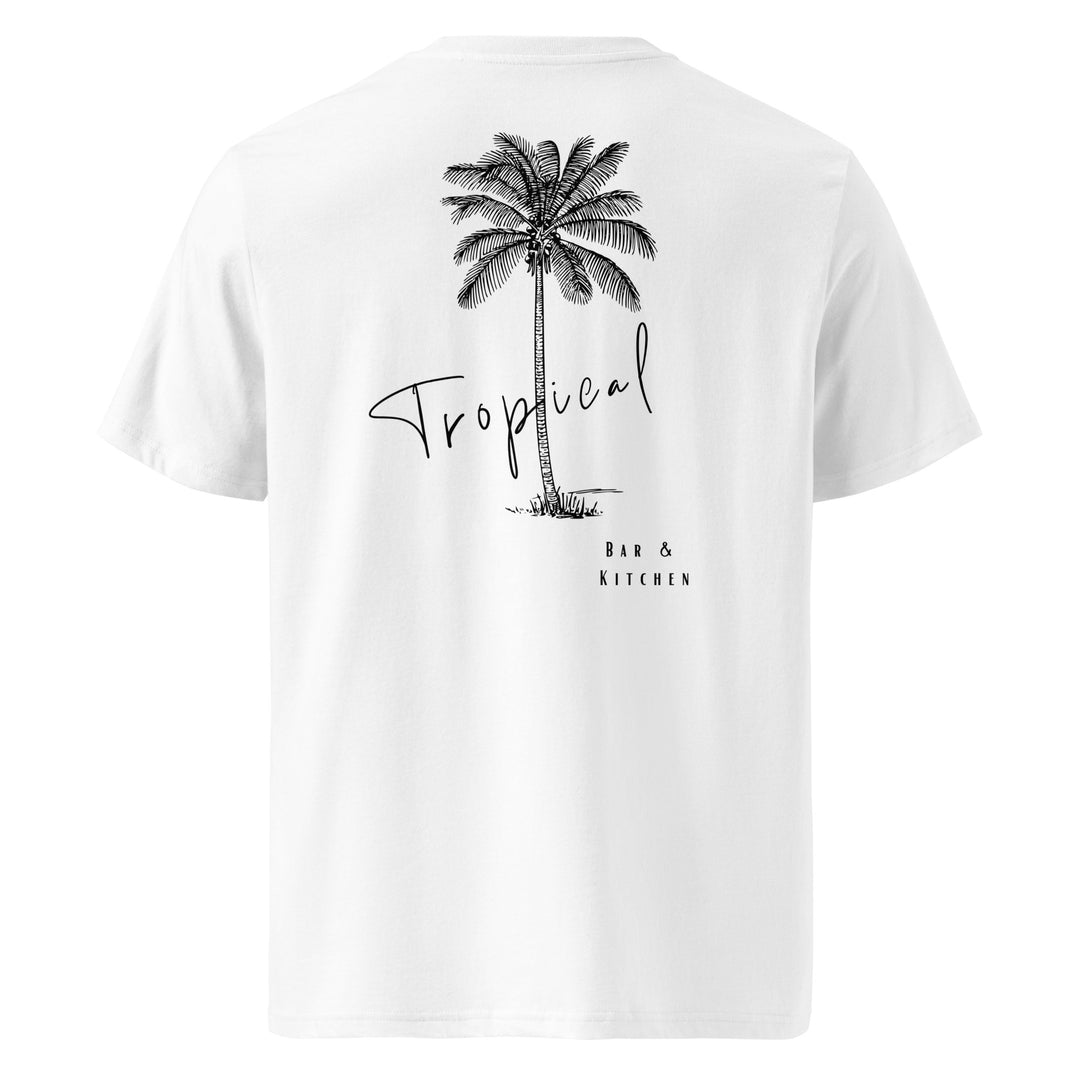 Tropical Bar & Kitchen Organic T-shirt featuring palm tree design on the back in a minimalist style.