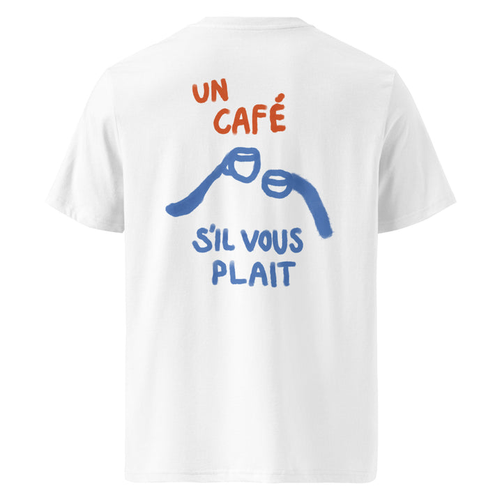 Un Cafe S'il Vous Plait Organic T-shirt featuring a minimalist design with café-themed graphics.