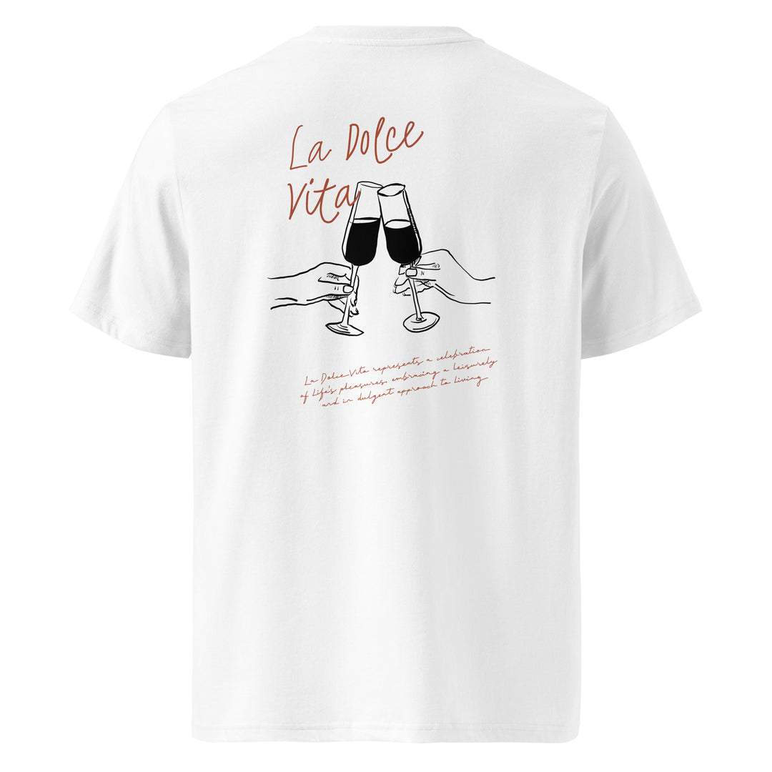 La Dolce Vita Organic T-shirt featuring a toast design with glasses, celebrating life's pleasures in eco-friendly style.
