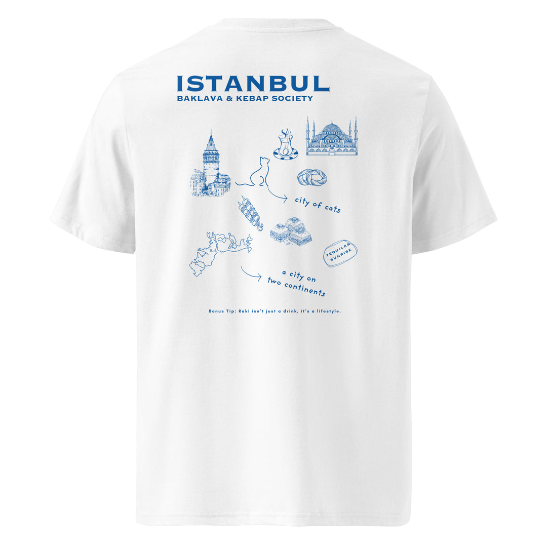 Istanbul Baklava & Kebab Society Organic T-shirt featuring iconic Istanbul landmarks and cat illustrations.