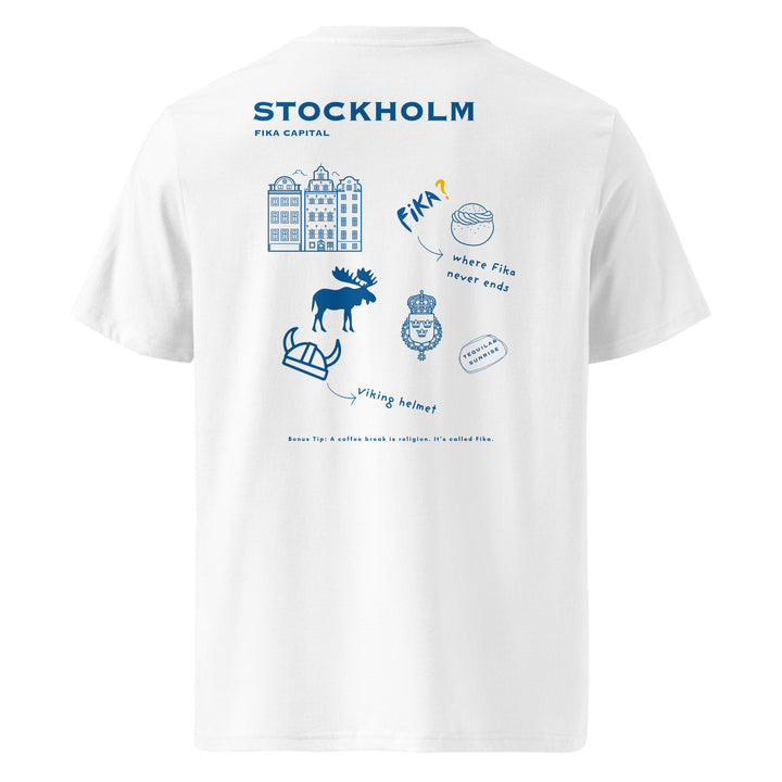Stockholm Archipelago Society Organic T-shirt featuring playful illustrations related to Swedish culture.