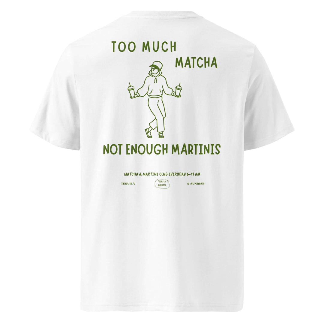 White t-shirt with green text and graphics on a white background