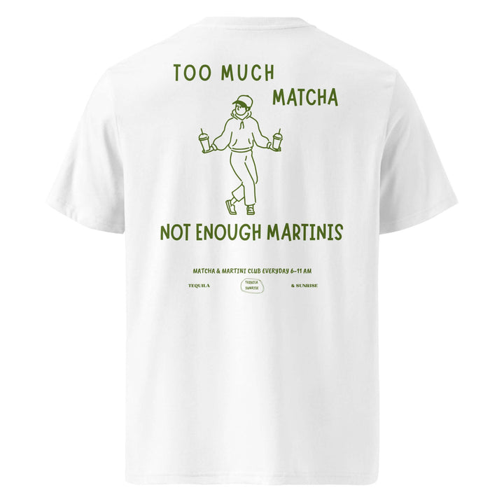 White t-shirt with green text and graphics on a white background