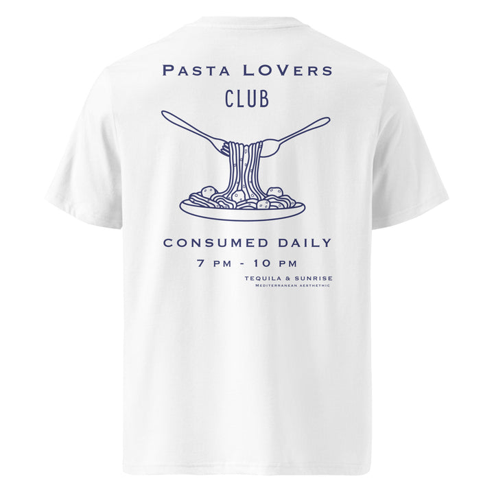 Pasta Lovers Club Organic T-shirt featuring a fun pasta graphic and club details on a white background.