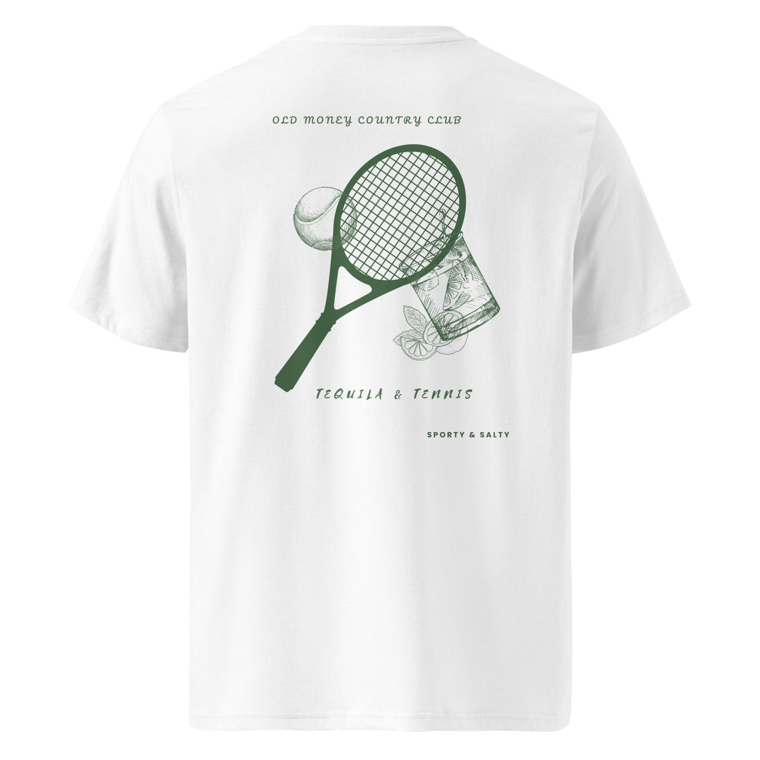 Back view of Sporty & Salty Organic T-shirt featuring tennis racket and drink illustrations.