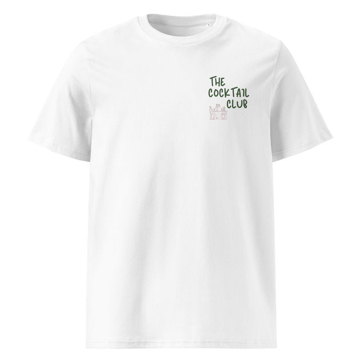 The Tequila & Sunrise - The Cocktail Club Organic T-shirt, a unisex design in white crafted from organic cotton, features an elegant green print of "The Cocktail Club" on the left chest and is perfect for those who appreciate eco-friendly clothing.