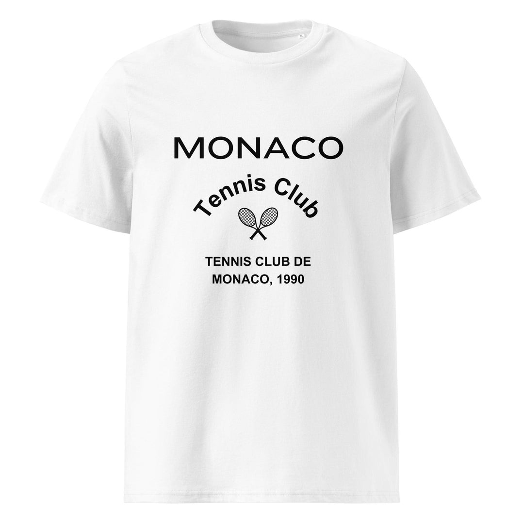 Introducing the Monaco Tennis Club Organic T-shirt by Tequila & Sunrise. This eco-friendly tee showcases the text "MONACO Tennis Club" above a stylish design of crossed tennis rackets, with "TENNIS CLUB DE MONACO, 1990" gracefully inscribed below. Embrace a timeless style while supporting sustainable fashion.