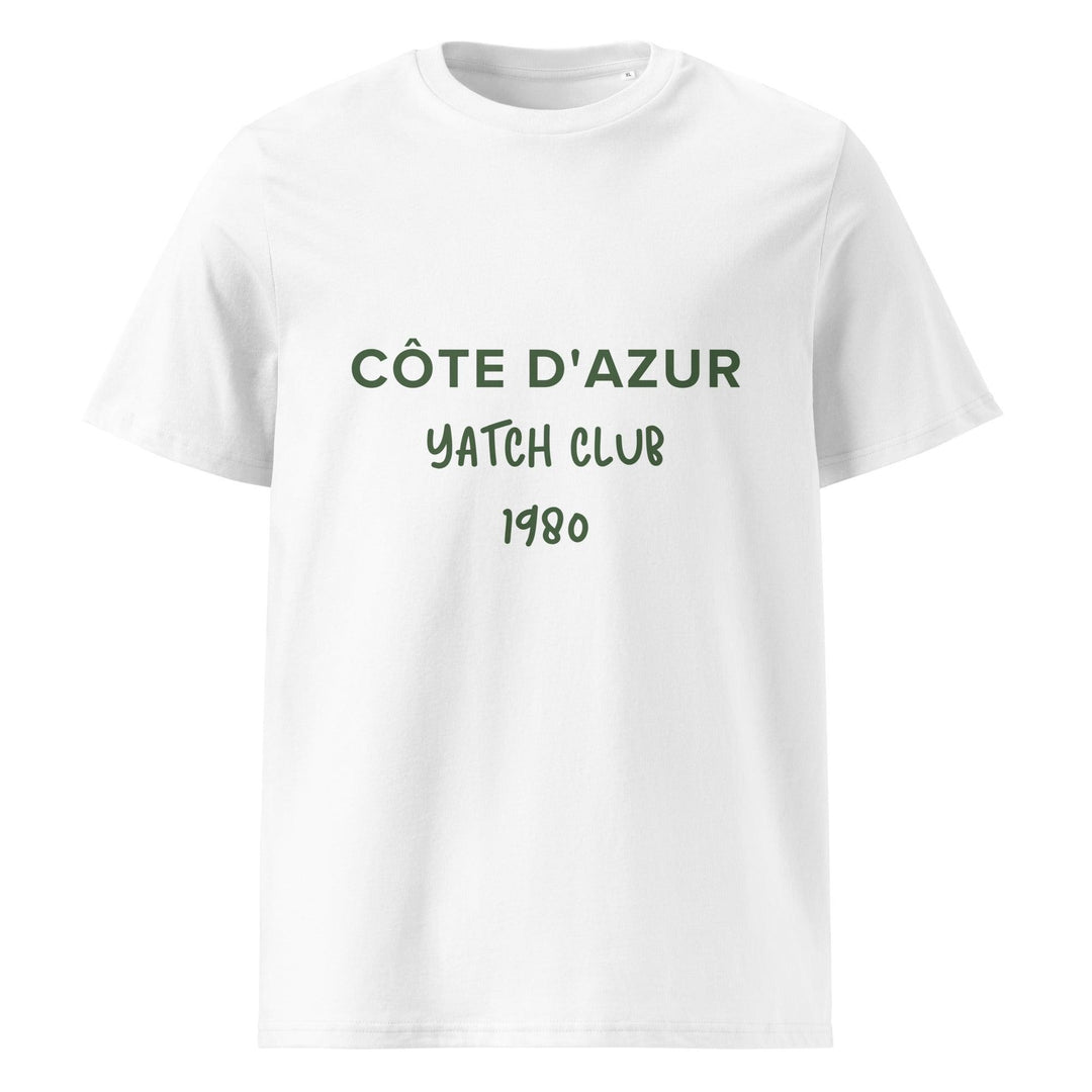 Enjoy the timeless charm of the Côte d'Azur Yacht Club with Tequila & Sunrise's 1980 Organic T-shirt. Made from eco-friendly materials, this crisp white t-shirt features vibrant green text, perfectly capturing the essence of the French Riviera. Feel good and look great in sustainable style!