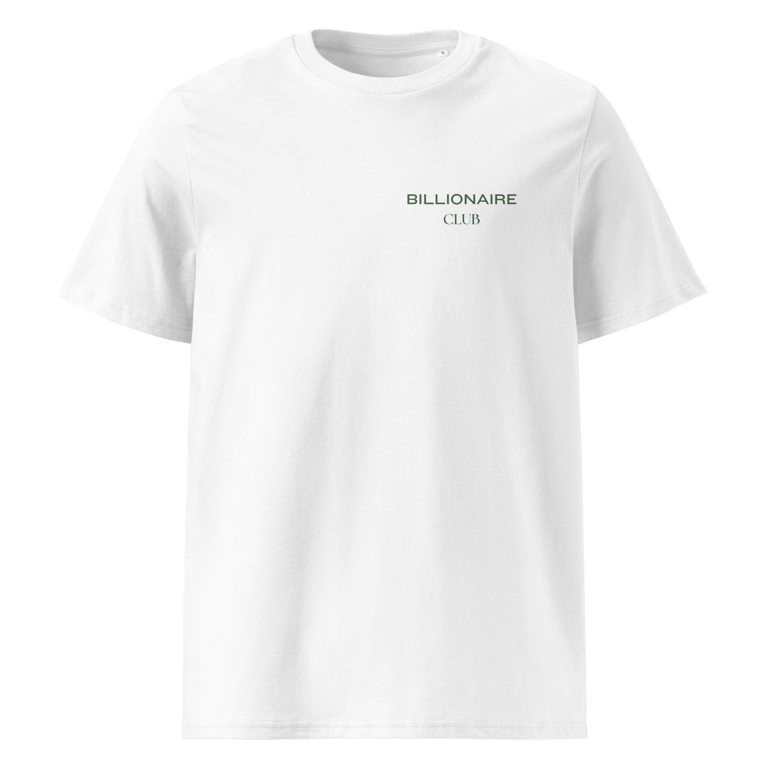 The Billionaire Club Minimalist Organic T-shirt by Tequila & Sunrise showcases a subtle "BILLIONAIRE CLUB" text on the left chest and is made from soft organic cotton, prioritizing comfort and supporting eco-friendly clothing choices.