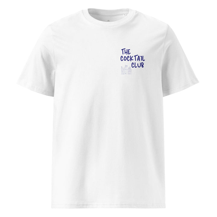 The Old Fashioned Organic T-shirt by Tequila & Sunrise is an eco-friendly white graphic tee made from organic cotton, featuring "THE COCKTAIL CLUB" printed in blue text on the upper left chest.