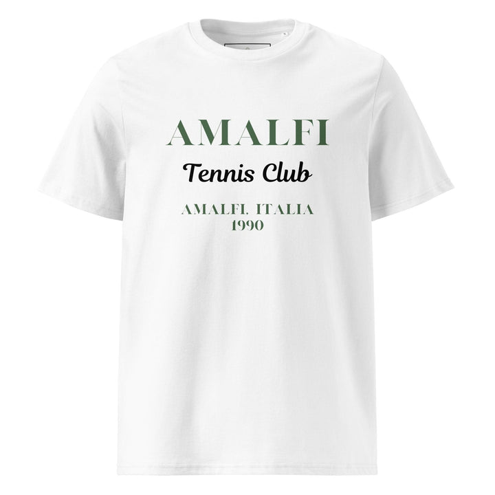 The Amalfi Tennis Club Summer Italia 1980 Organic T-shirt from Tequila & Sunrise showcases a classic design printed in green and black. Featuring the words "AMALFI, ITALIA 1990" beneath the logo, this vintage unisex piece is made from eco-friendly materials, combining timeless style with sustainability.