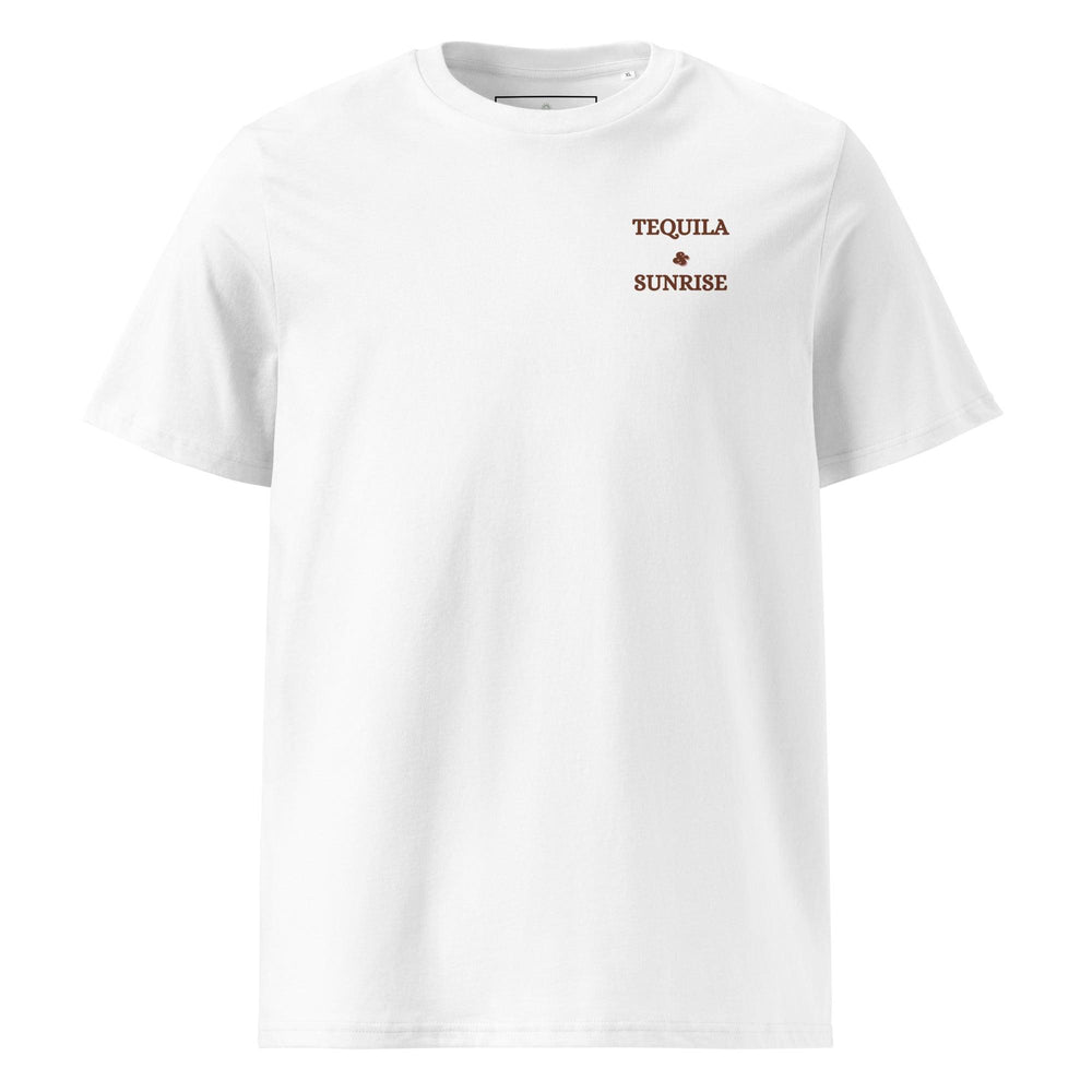 The Tequila & Sunrise Organic T-shirt, by Tequila & Sunrise, is a white graphic tee made from eco-friendly organic cotton with "TEQUILA SUNRISE" printed in small brown letters on the upper left front.