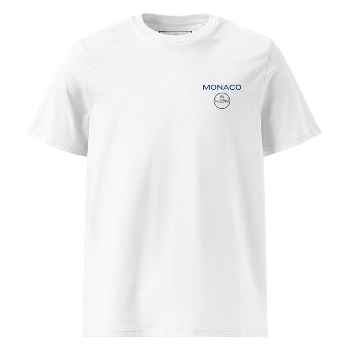 Experience the Tequila & Sunrise Monaco Casino de Monte-Carlo Organic T-shirt, a unisex white tee crafted from organic cotton. It showcases the word "MONACO" and a small circular logo on the upper left chest area.