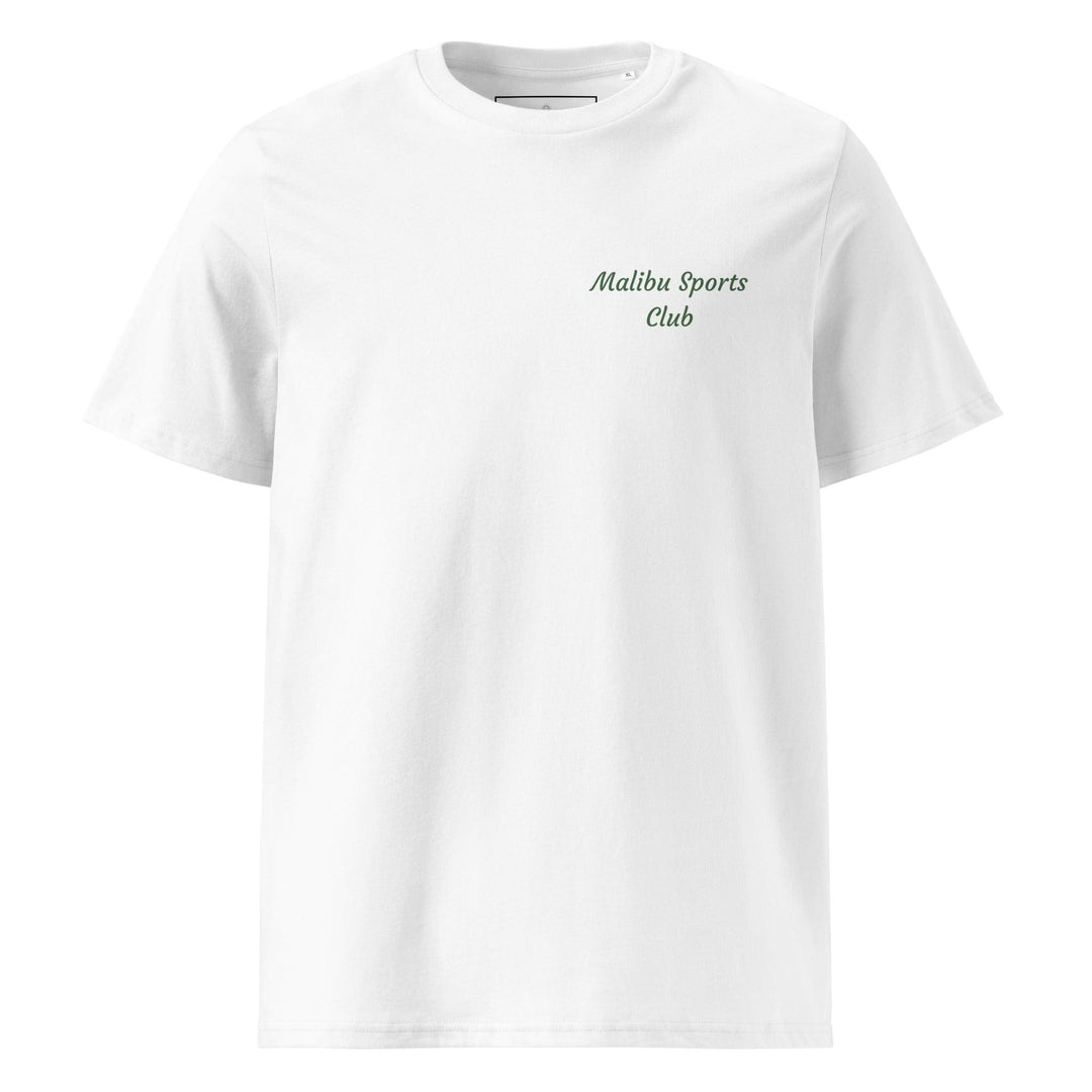 This eco-friendly clothing piece is the Malibu Sports Club Organic T-shirt from Tequila & Sunrise, featuring "Malibu Health and Wellness Club" printed in green on the left chest area, crafted from white organic cotton.