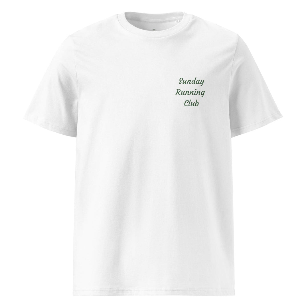 The Sunday Running Club Organic T-shirt by Tequila & Sunrise is an eco-friendly white tee made from organic cotton, showcasing green "Sunday Running Club" text on the upper left chest. Ideal for any Health & Wellness Club fan.