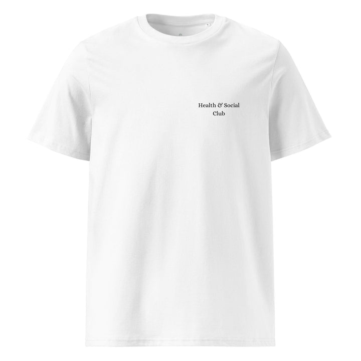 The Tequila & Sunrise "Health & Social Club" Organic T-shirt is an eco-friendly piece made from organic cotton, featuring small black lettering on the chest, embodying sustainable fashion in a classic white design.