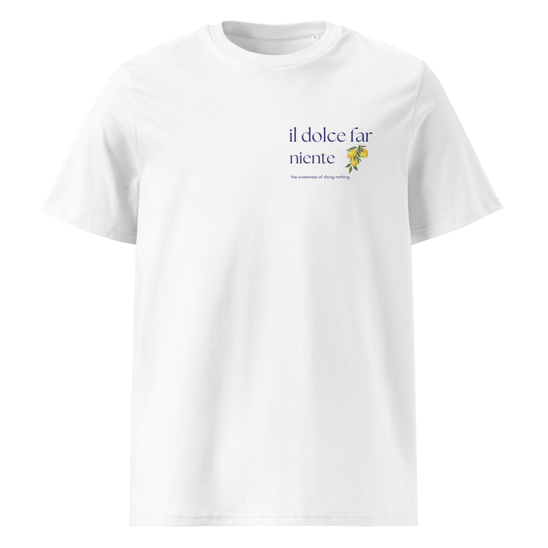 The Il Dolce Far Niente Organic T-shirt by Tequila & Sunrise is a white tee made from eco-friendly organic cotton, adorned with blue text that reads "il dolce far niente" and a yellow-green olive illustration on the front. Embrace a serene and sustainable piece inspired by the Mediterranean lifestyle.