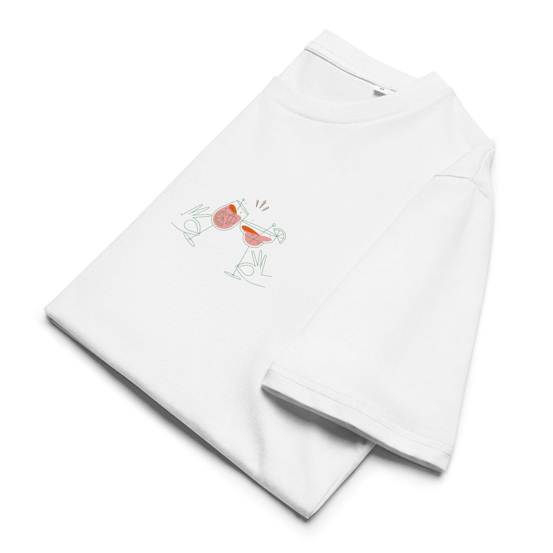 Introducing the Aperol Spritz Club Organic T-shirt by Tequila & Sunrise, an eco-friendly unisex garment featuring a minimalist design of two hands holding garnished cocktails and a straw. Made from soft organic cotton, it combines style with sustainability.