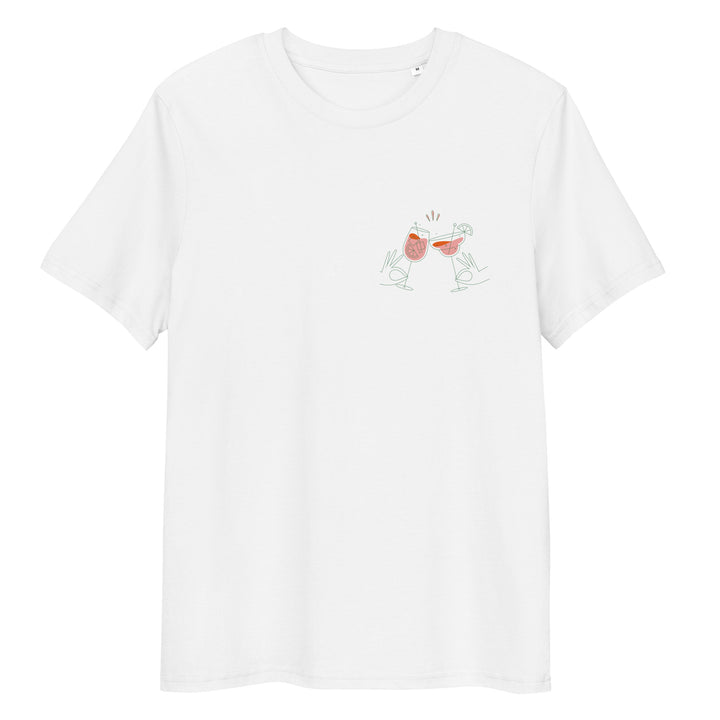 Tequila & Sunrise presents The Aperol Spritz Club Organic T-shirt, a unisex white tee designed from sustainable organic cotton, adorned with a subtle graphic of two hand-drawn figures clinking glasses on the chest.