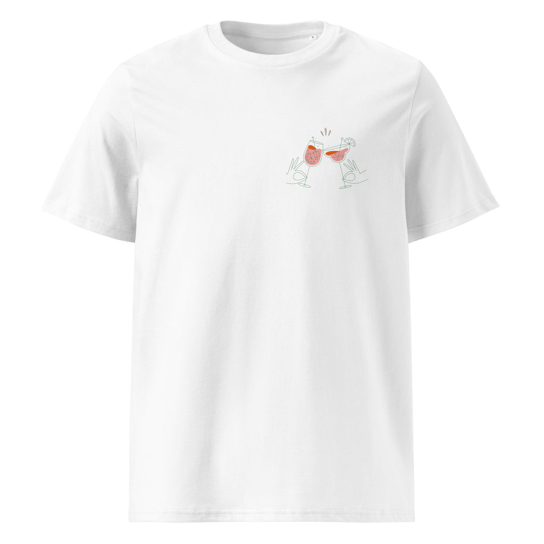 The Aperol Spritz Club Organic T-shirt by Tequila & Sunrise is a unisex white t-shirt crafted from eco-friendly organic cotton, featuring a minimalist graphic of two stick figures toasting with drinks.